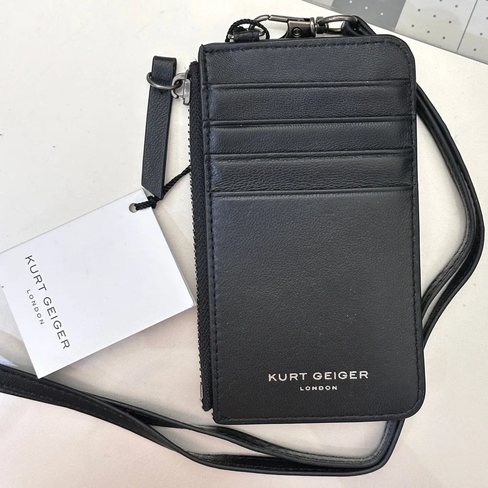 Kurt Geiger London Quilted‎ Card Case Wallet with Lanyard Strap Black Minimalist